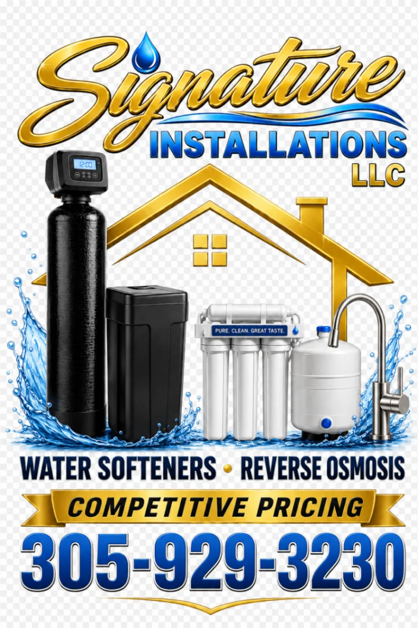 Signature Installations logo with whole-home water softener and under-sink reverse osmosis equipment