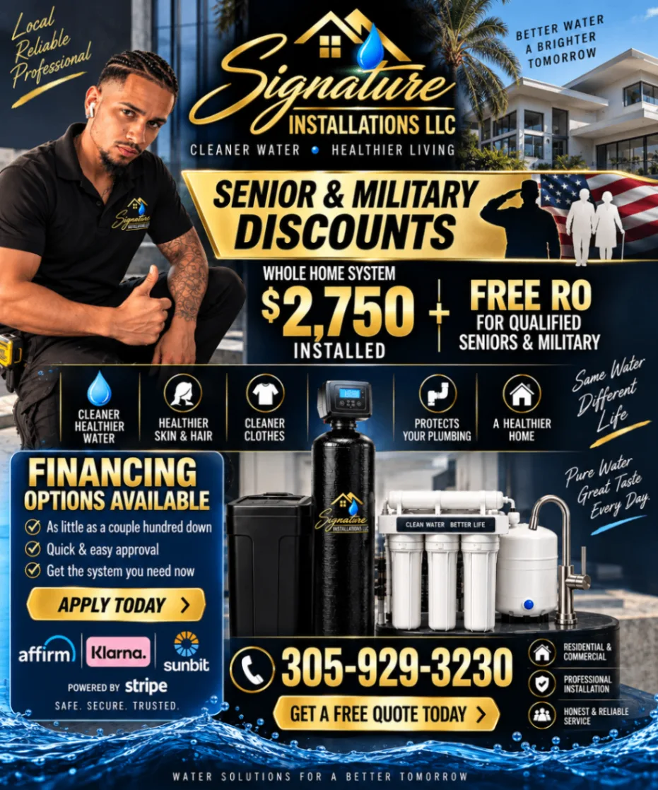 Signature Installations promotion featuring whole-home water treatment and under-sink reverse osmosis systems